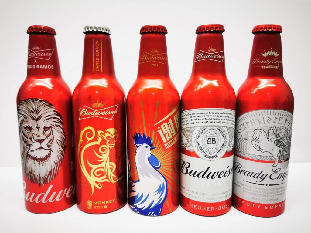 Botella de cerveza Budweiser de aluminio rojo